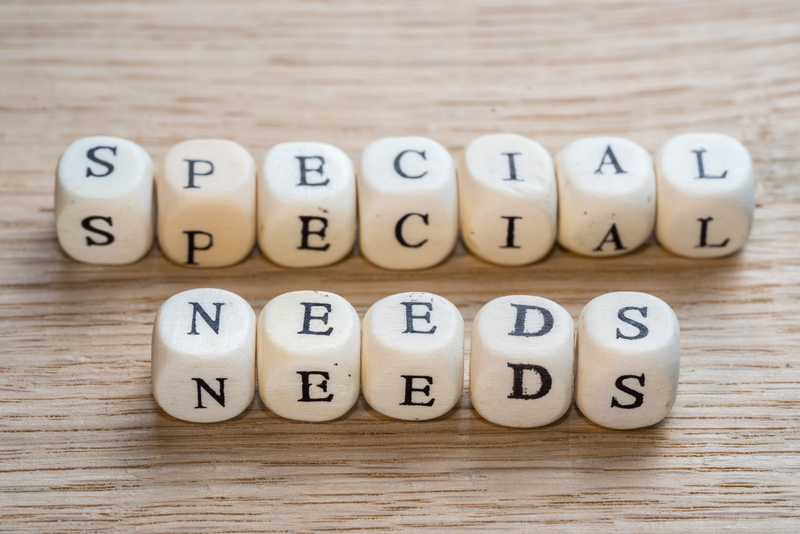SPECIAL NEEDS spelled out in block-shaped beads